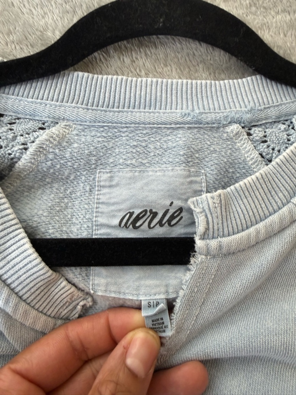 Aerie Hey Crochet Sweatshirt Cloud Wash Blue Long Sleeve Size S Cozy Lounge - Picture 11 of 13